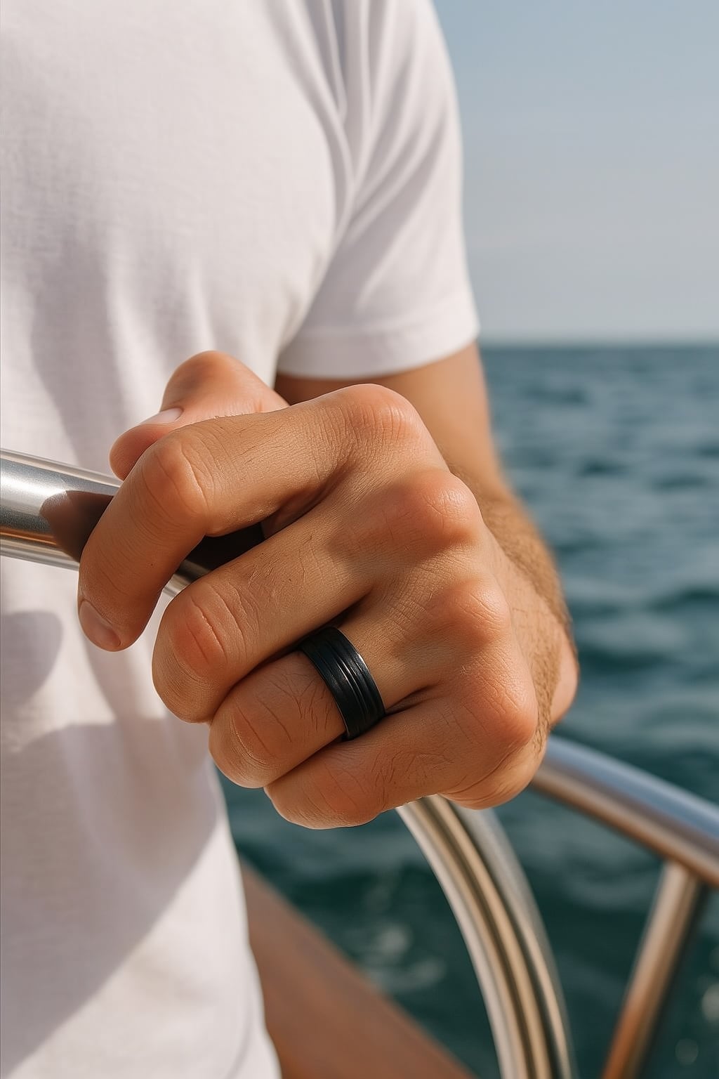 Men's brushed black titanium ring with center line – Free engraving