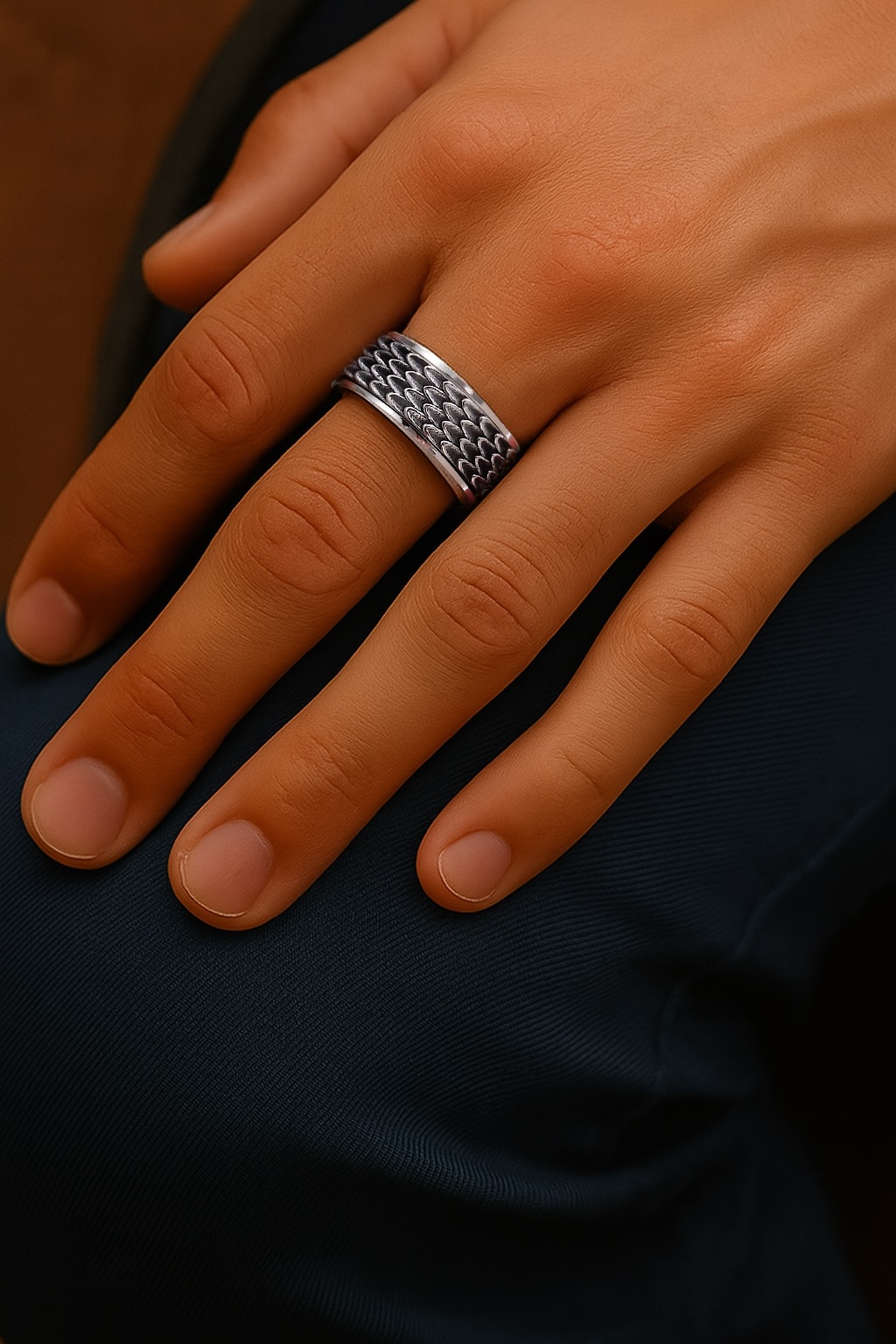 Men’s stainless steel ring – rotating anti-stress band with snake scale design