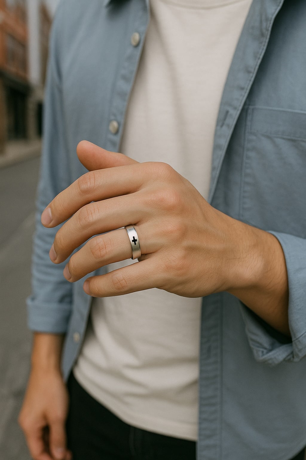 men’s anti-stress spinning stainless steel ring with cross