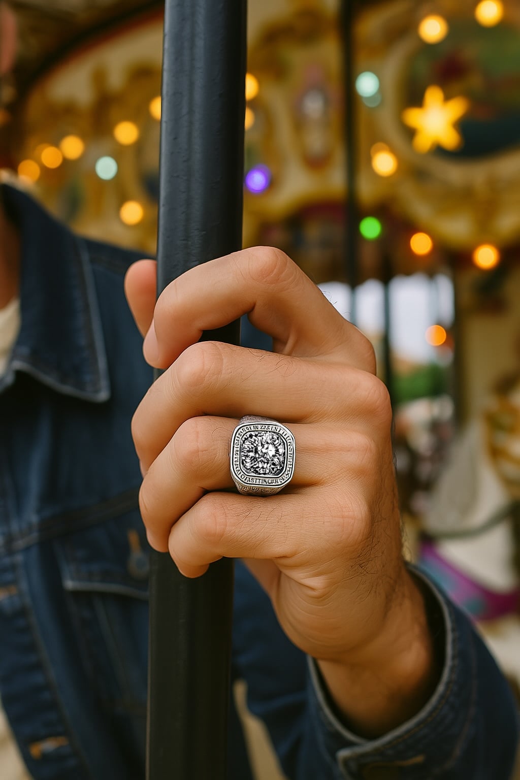Lion head signet ring with Greek pattern for men