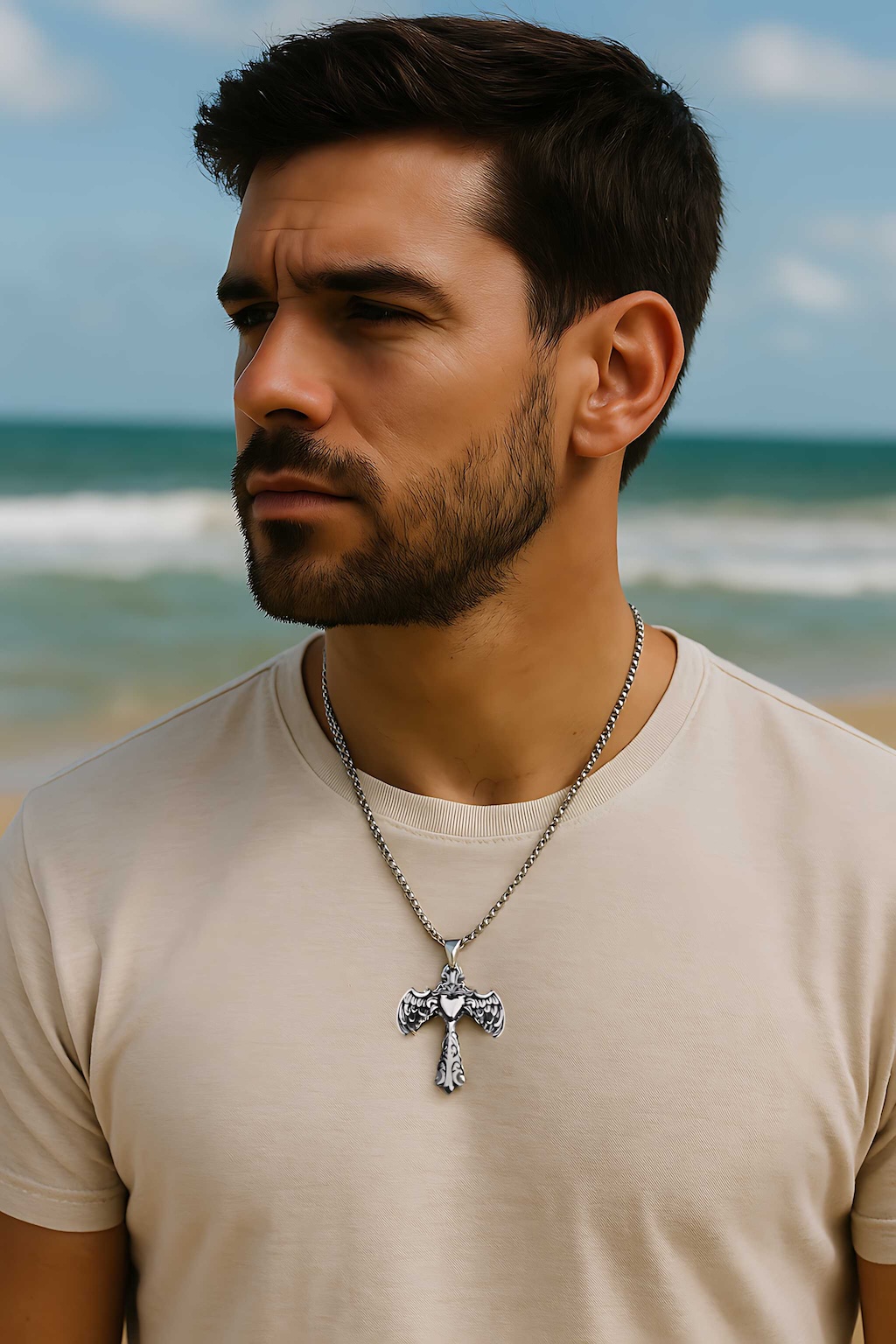 colgante de hombre de acero inoxidable con cruz, corazón y alas de ángel