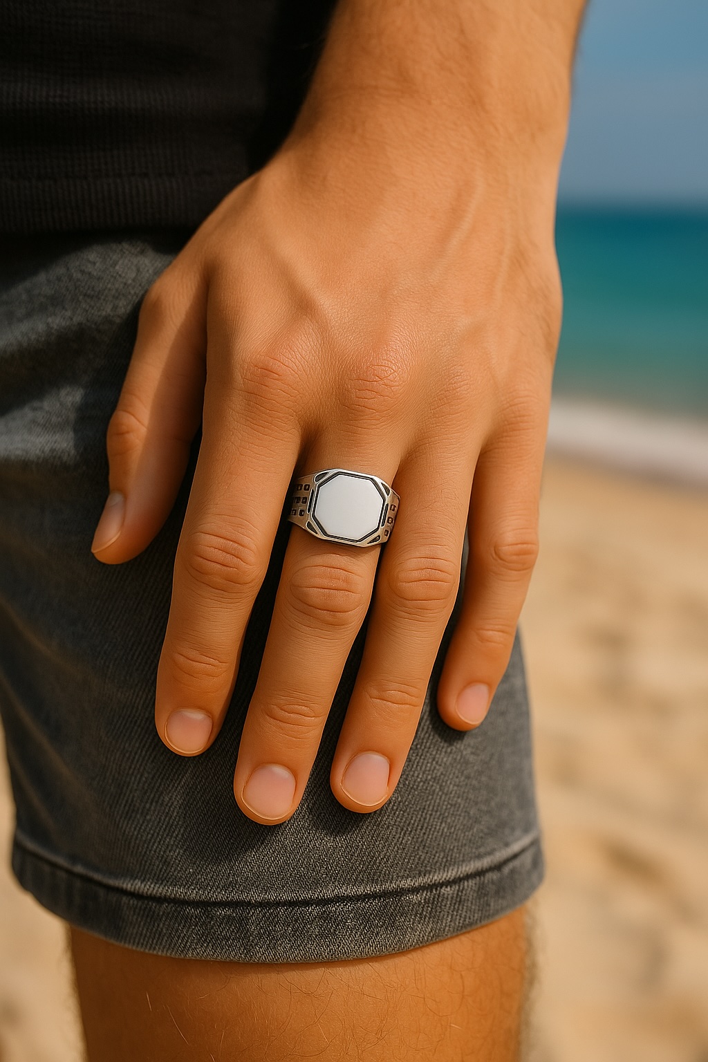 Anillo sello octogonal abierto en plata de ley