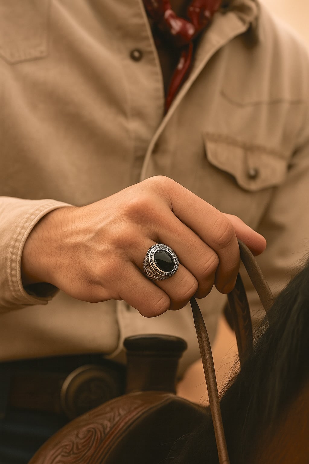 Sterling silver open signet ring for men with black oval onyx