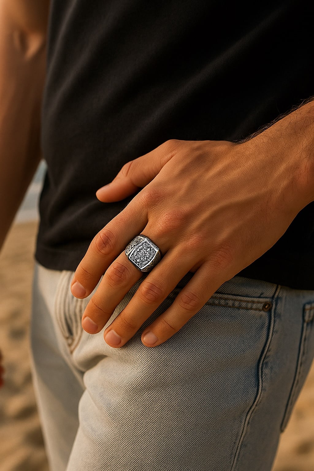 Open Sterling Silver Vine Flower Men's Signet Ring