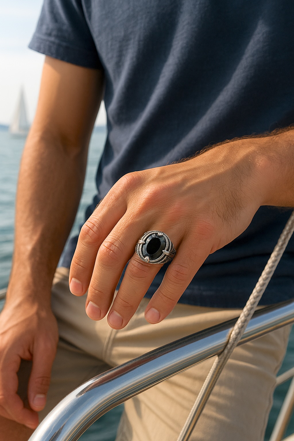 Men's open silver signet ring with black onyx and fleur-de-lis