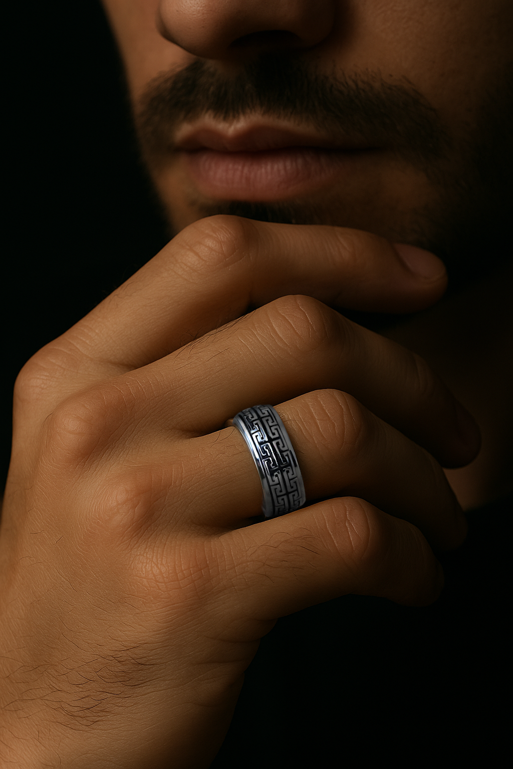 anillo giratorio de plata para hombre con patrón clave griega