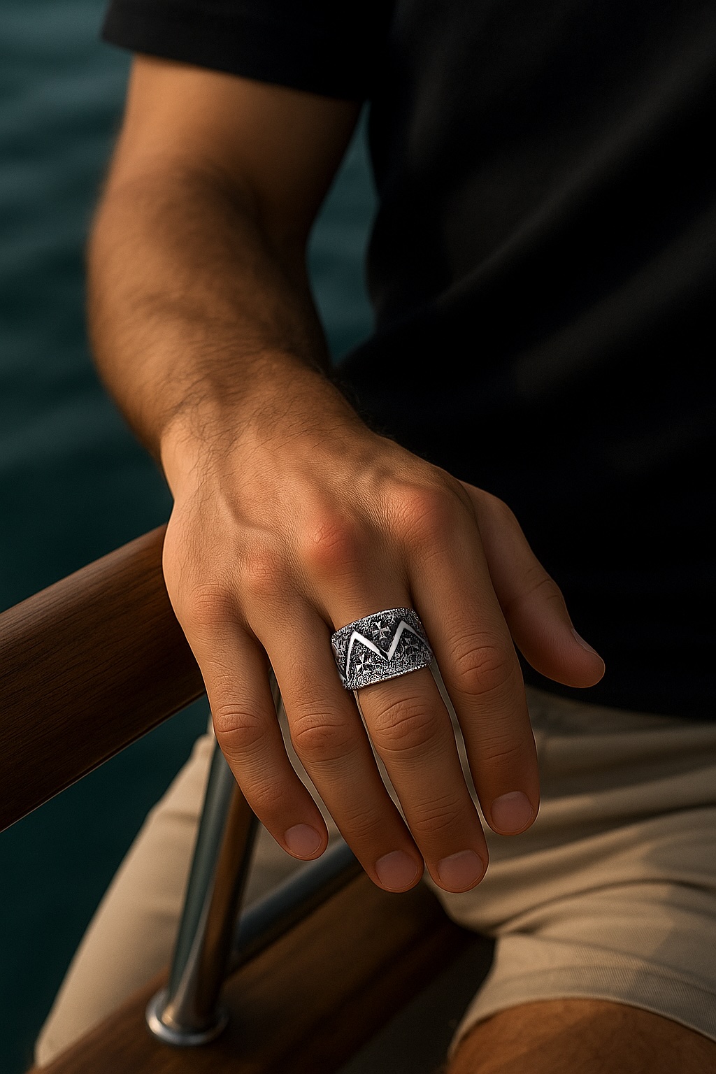 Open hammered silver Maltese cross ring