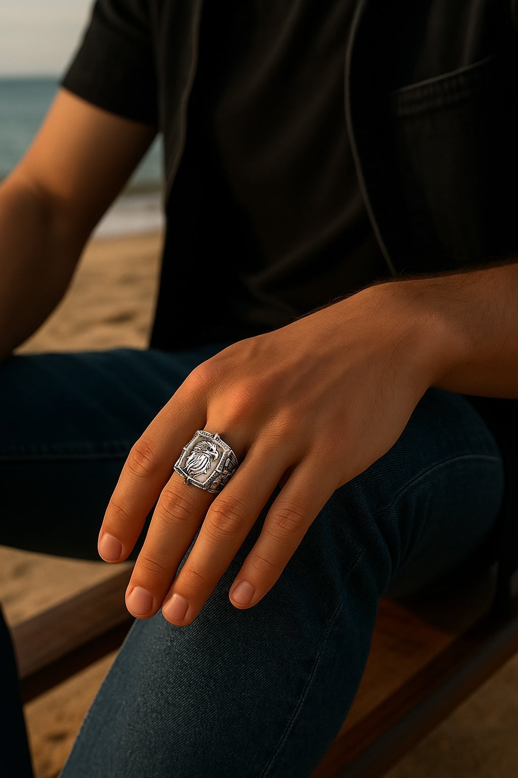 Bague chevalière ouverte argent aigle