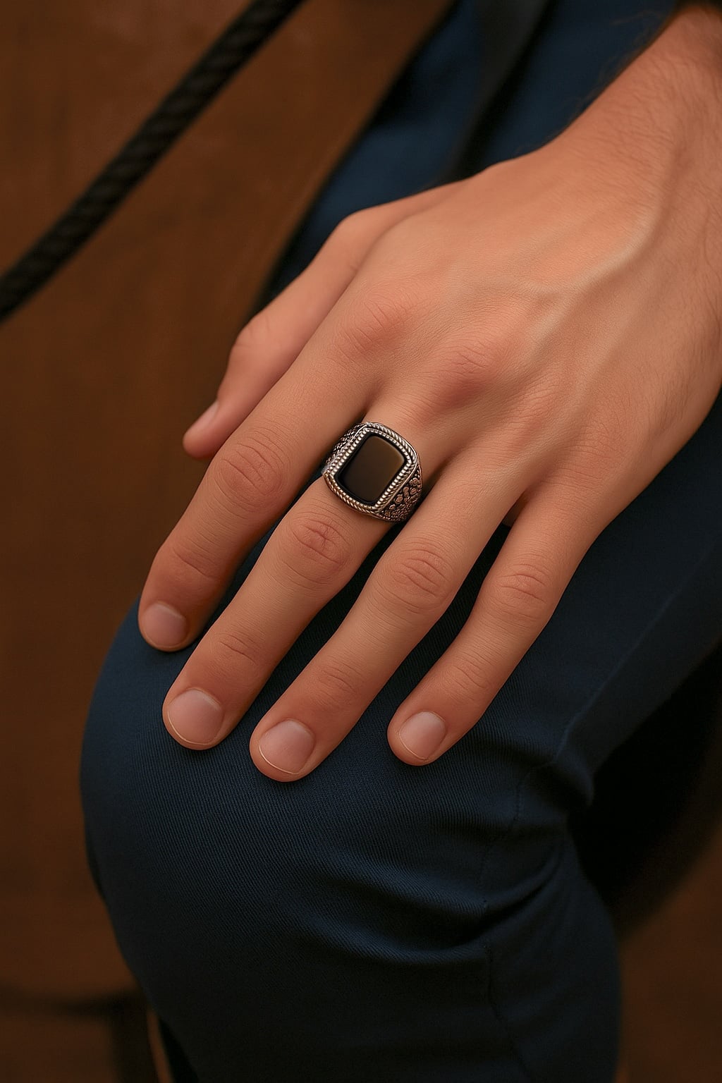 Sello de plata maciza anillo ónix negro para hombre