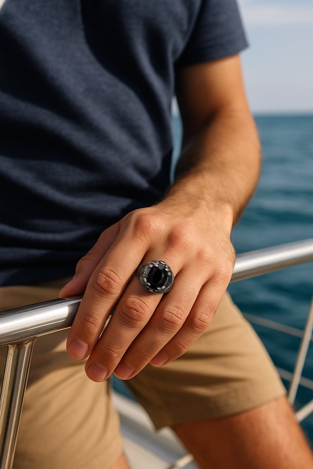 Men's sterling silver signet ring with black onyx and serpent design