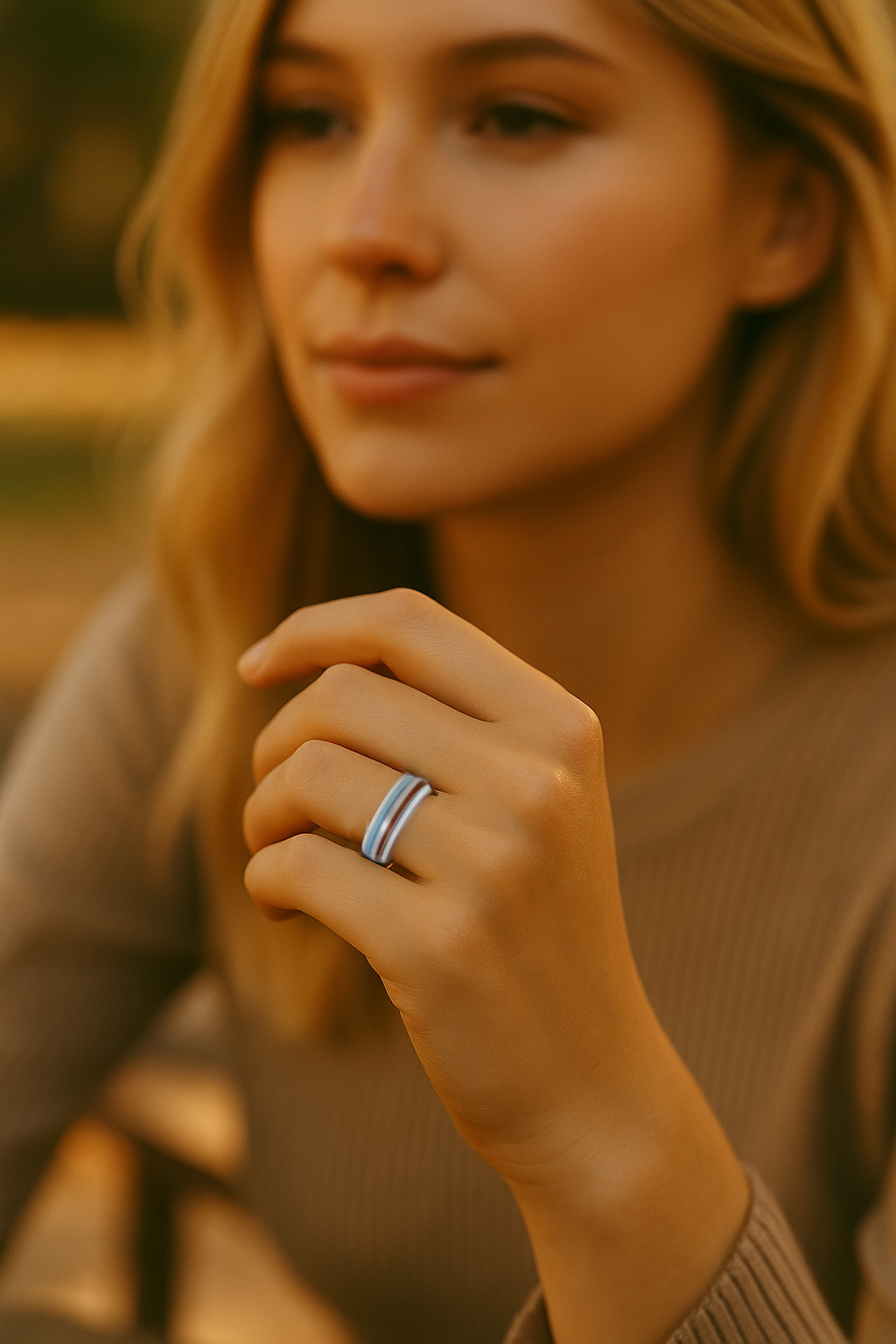anillo de cerámica blanca con línea de madera azul