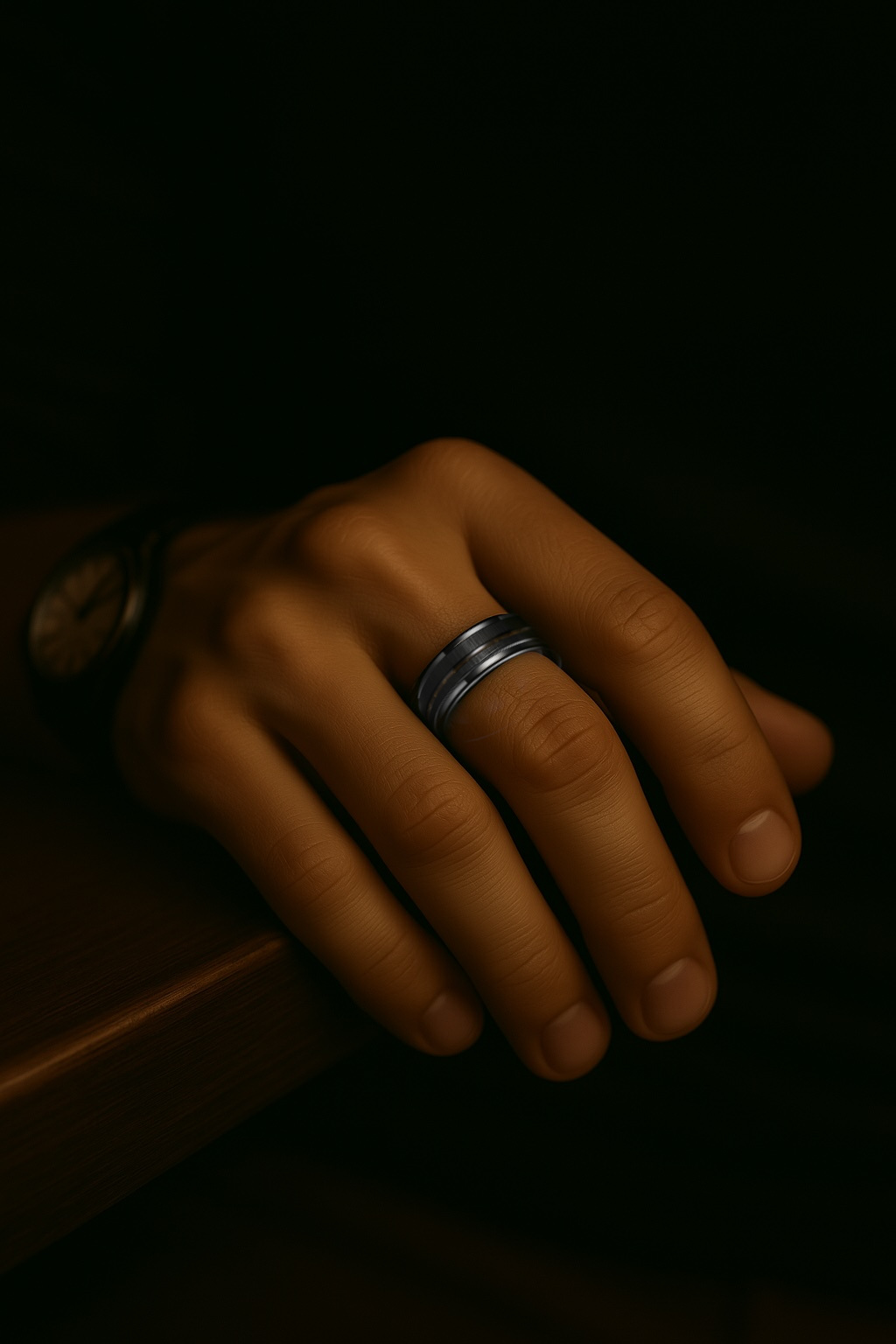 bague tungstène noir brossé ligne bois chene