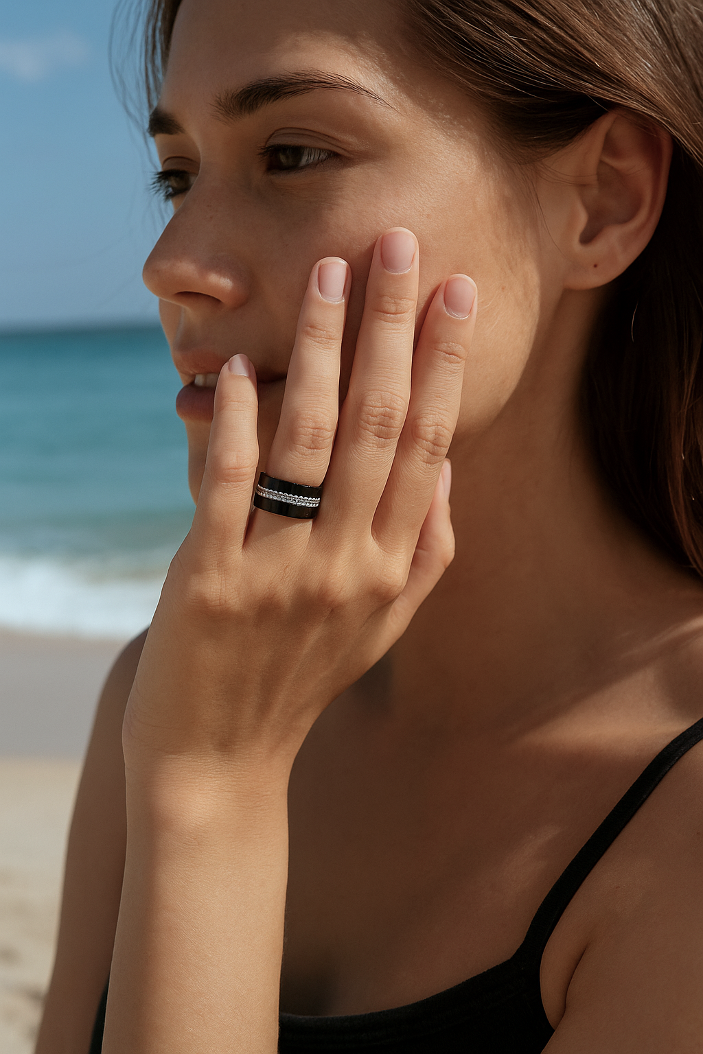 bague céramique noire zircons femme