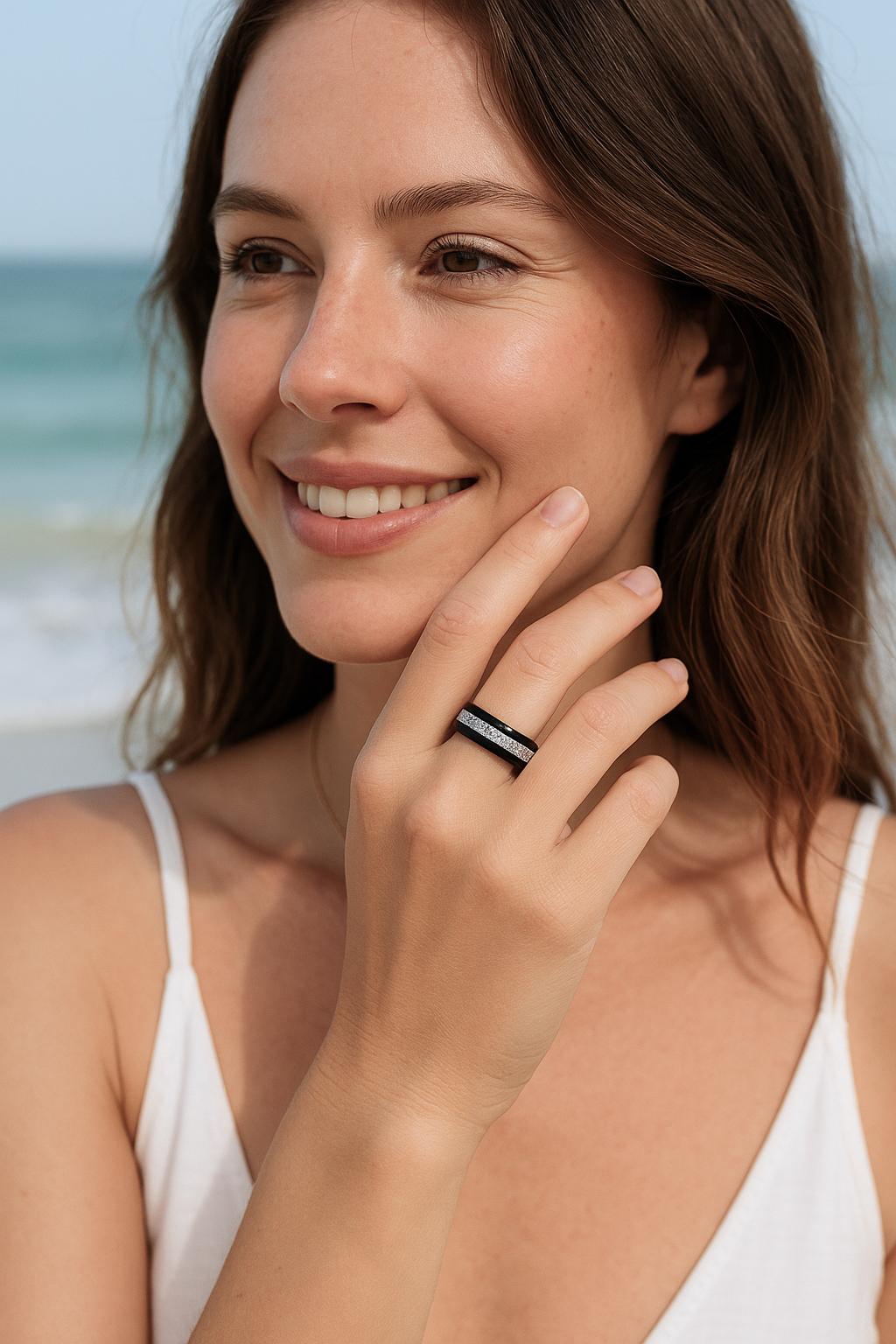 black ceramic ring with zircons for women