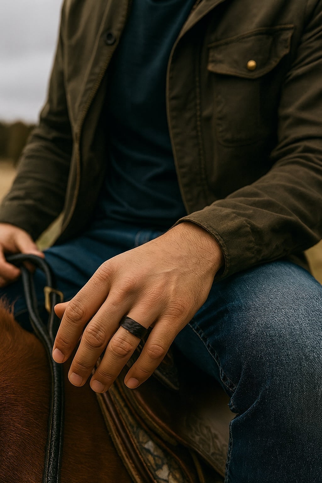 Brushed Hammered Black Tungsten Ring with Oak Wood Interior