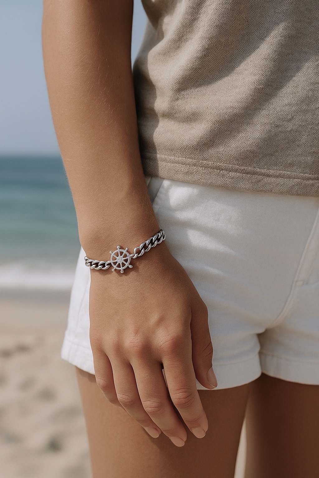 Cuban Steel Chain Bracelet with Ship Wheel Medallion for Men and Women
