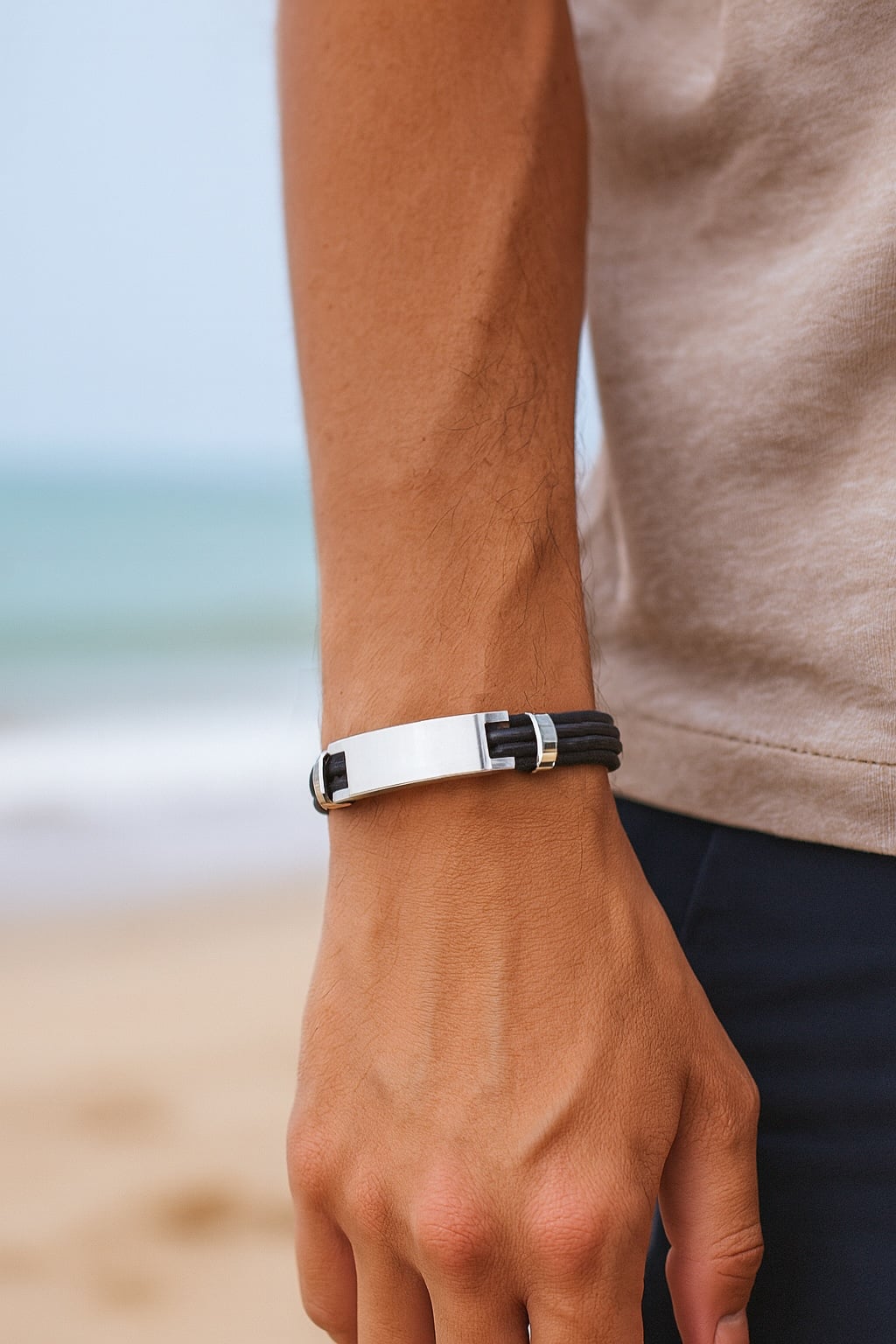 Bracelet Homme Cuir Noir Et Acier Inoxydable – Ajustable 18 à 23 Cm, Neuf