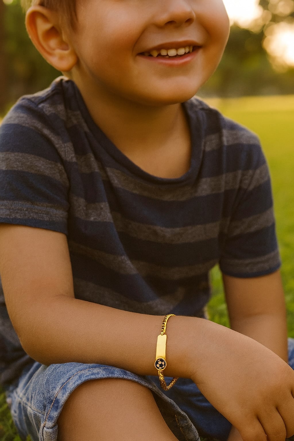 Pulsera infantil de acero inoxidable personalizable con motivo de fútbol