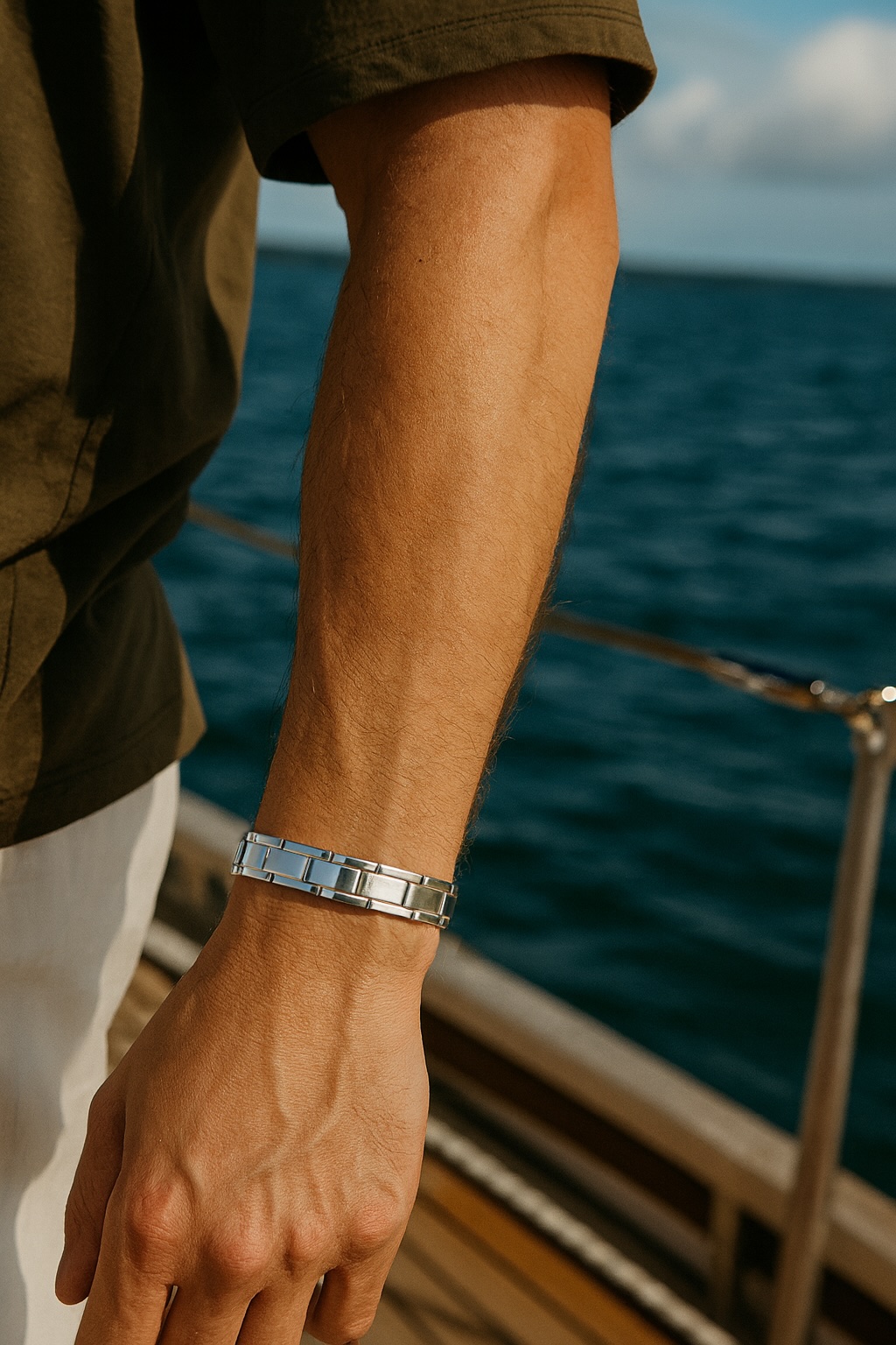 Men's stainless steel magnetic bracelet with golden line