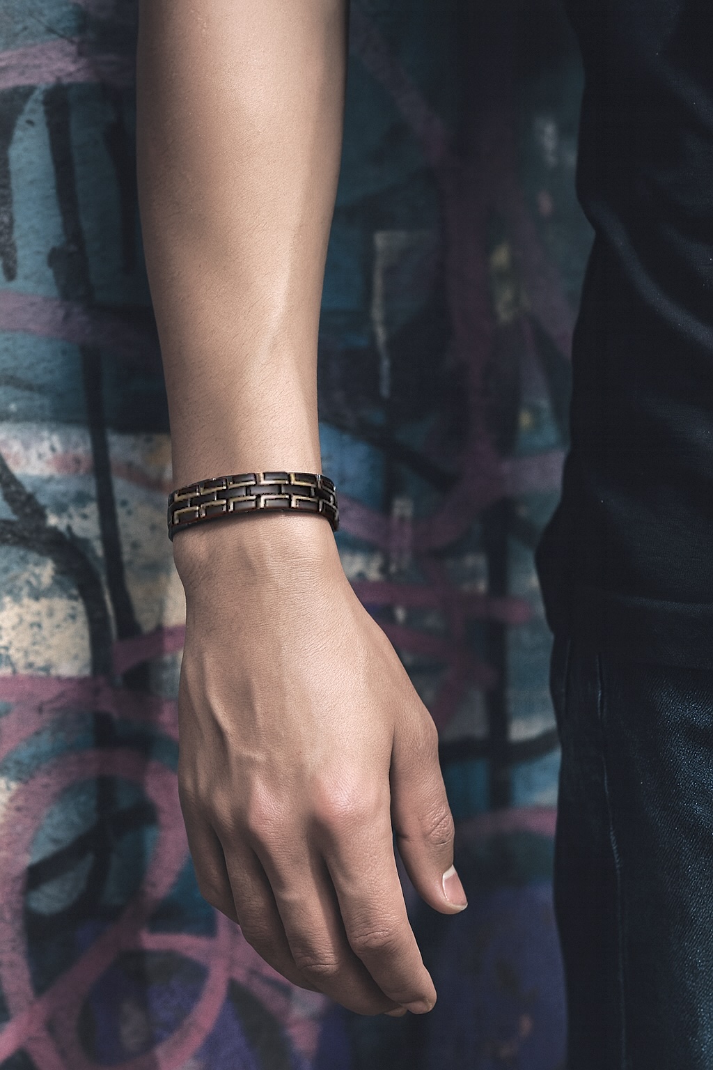Men’s magnetic stainless steel bracelet two-tone black brushed