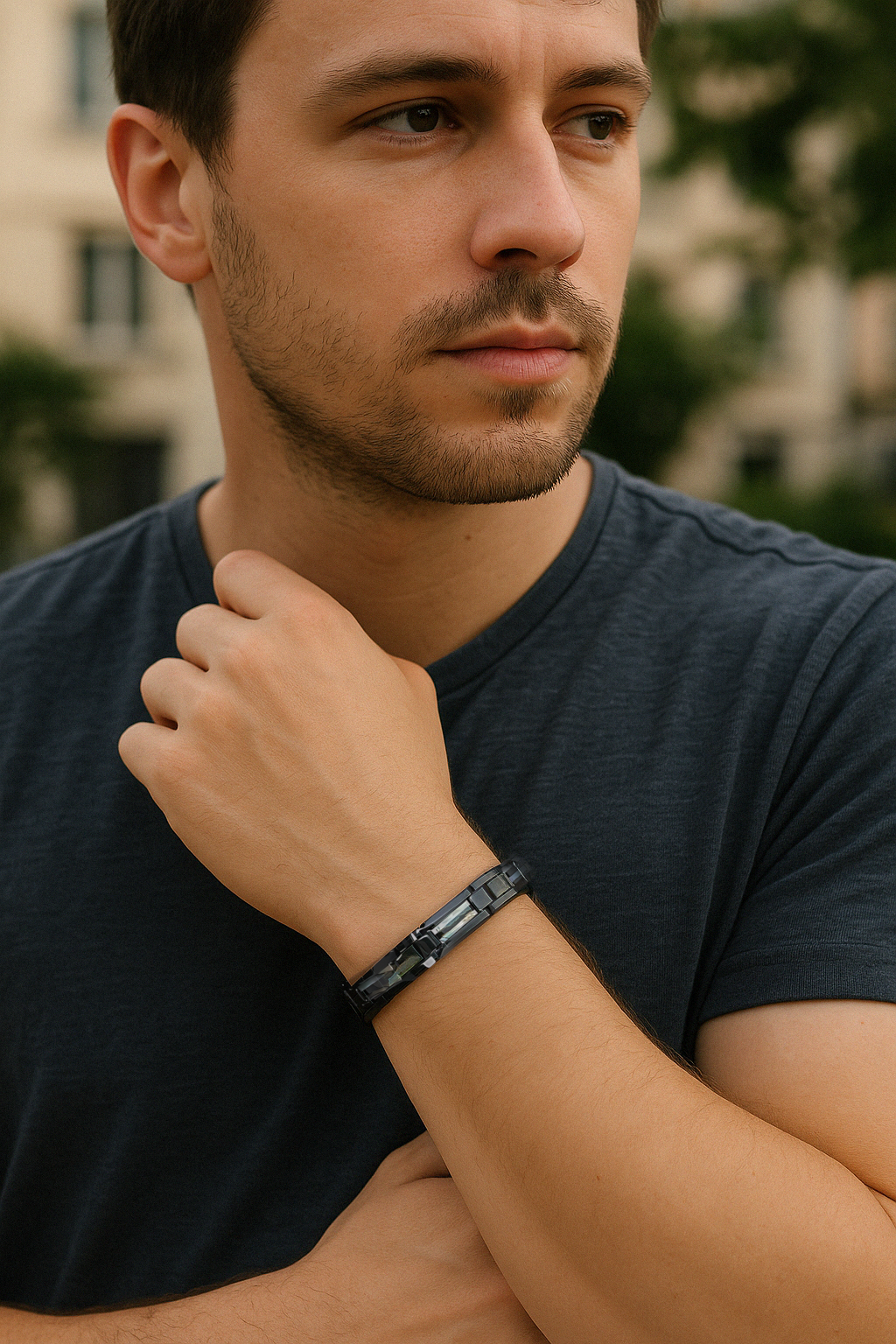 Pulsera de cerámica negra con abalone y imanes para hombre