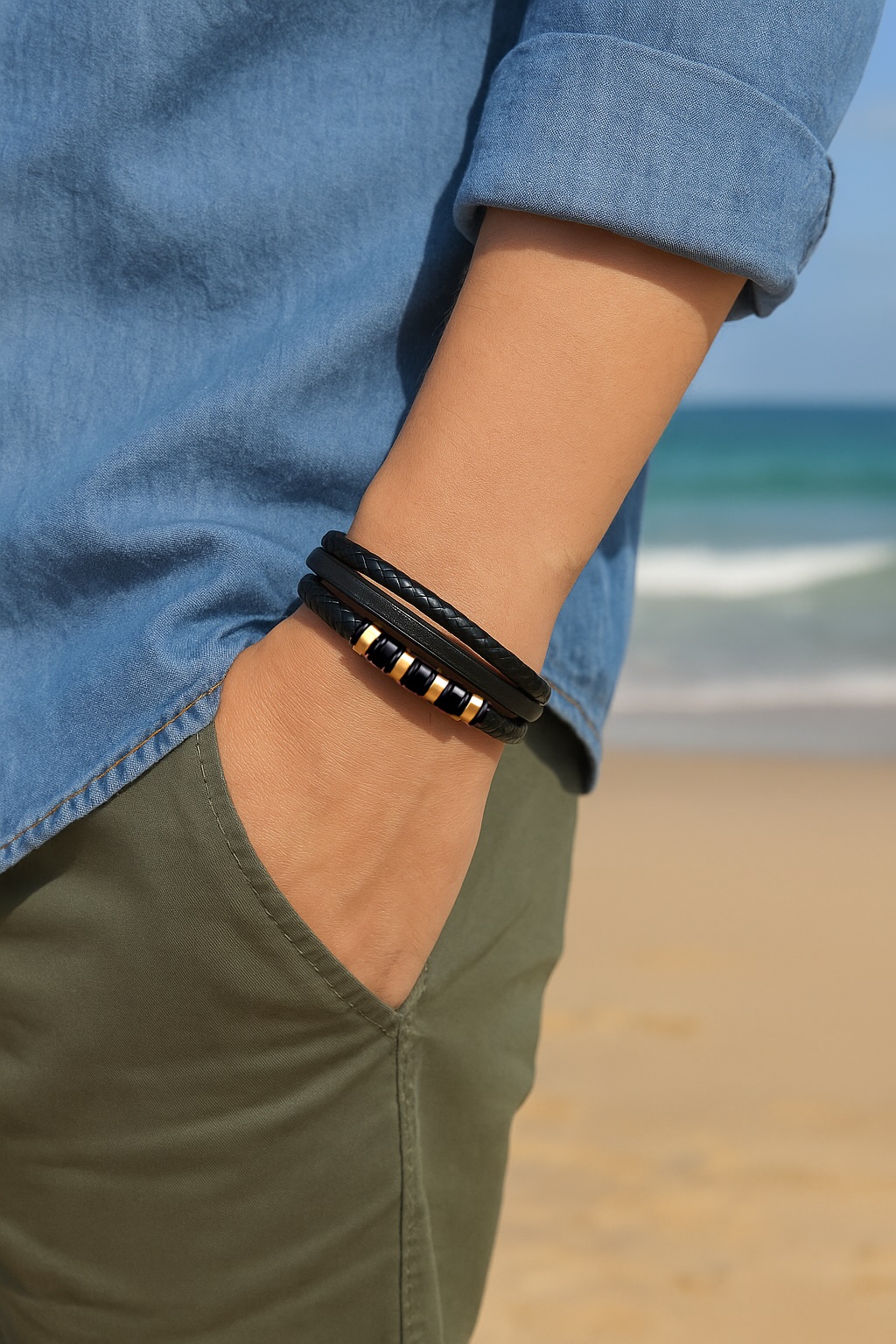 Unisex leather and stainless steel ring with decorative steel bands