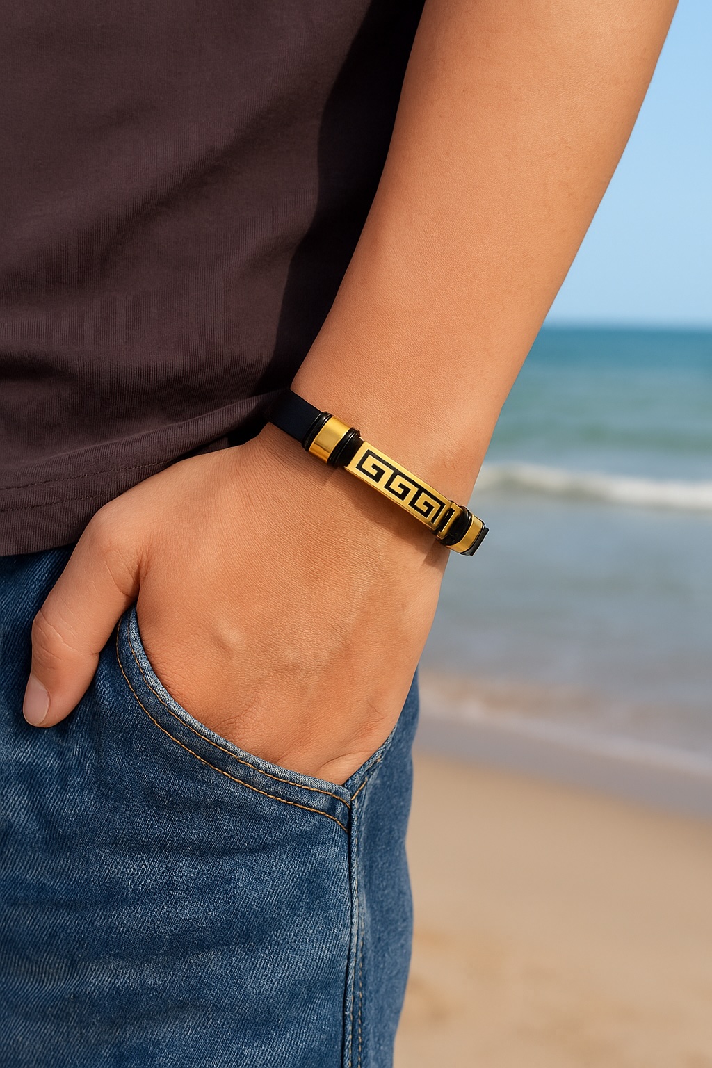 Men's black leather bracelet with Greek key