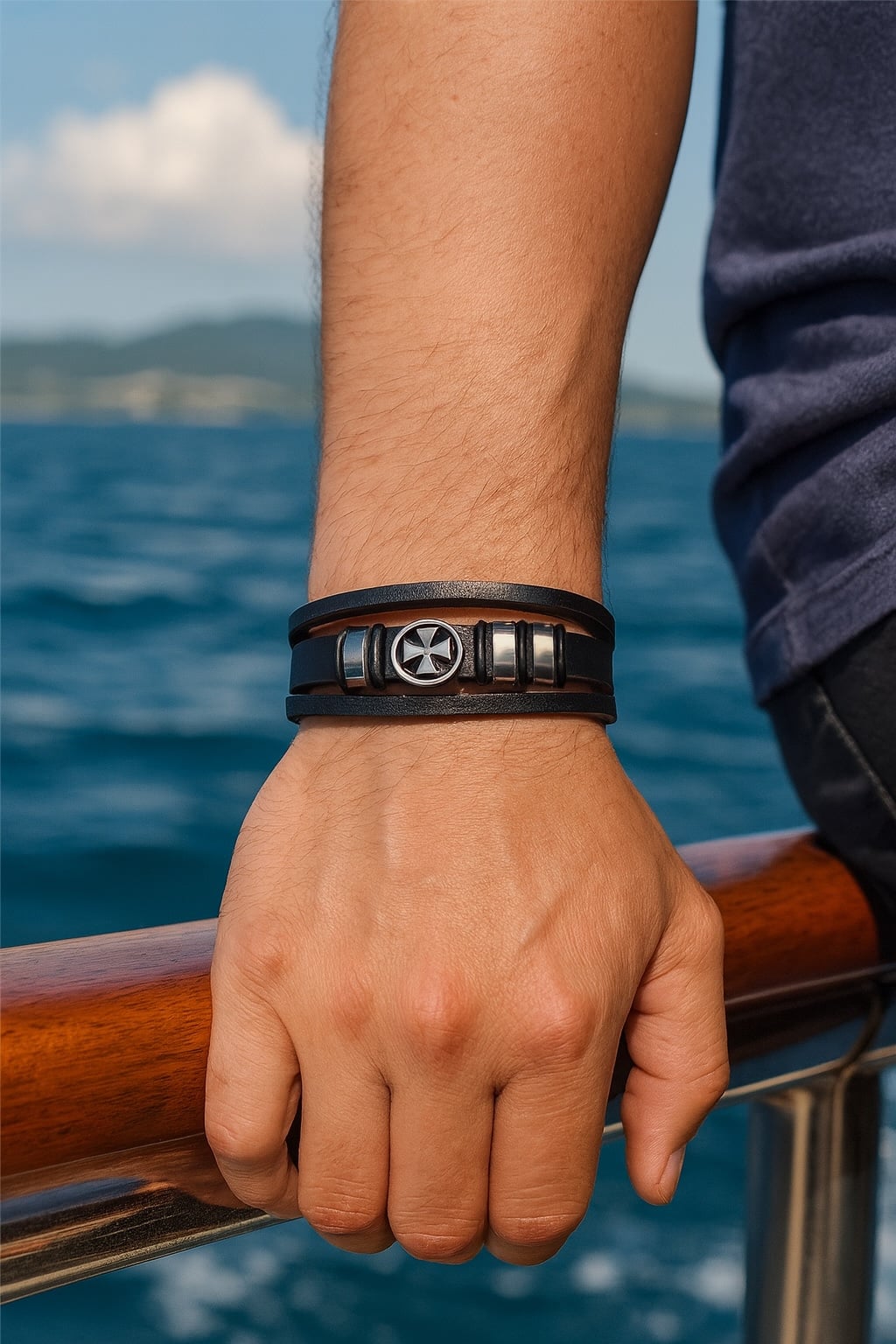 Men’s black braided leather bracelet with Maltese cross and stainless steel rings