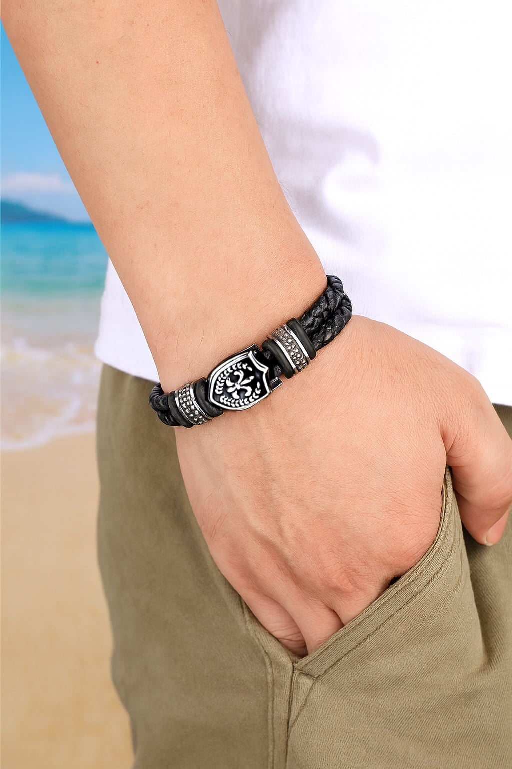 braided leather fleur-de-lys bracelet for men