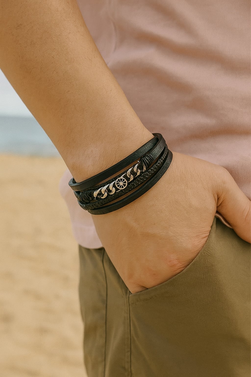 Men’s braided leather bracelet with multiple cords, stainless steel clasp and North Star