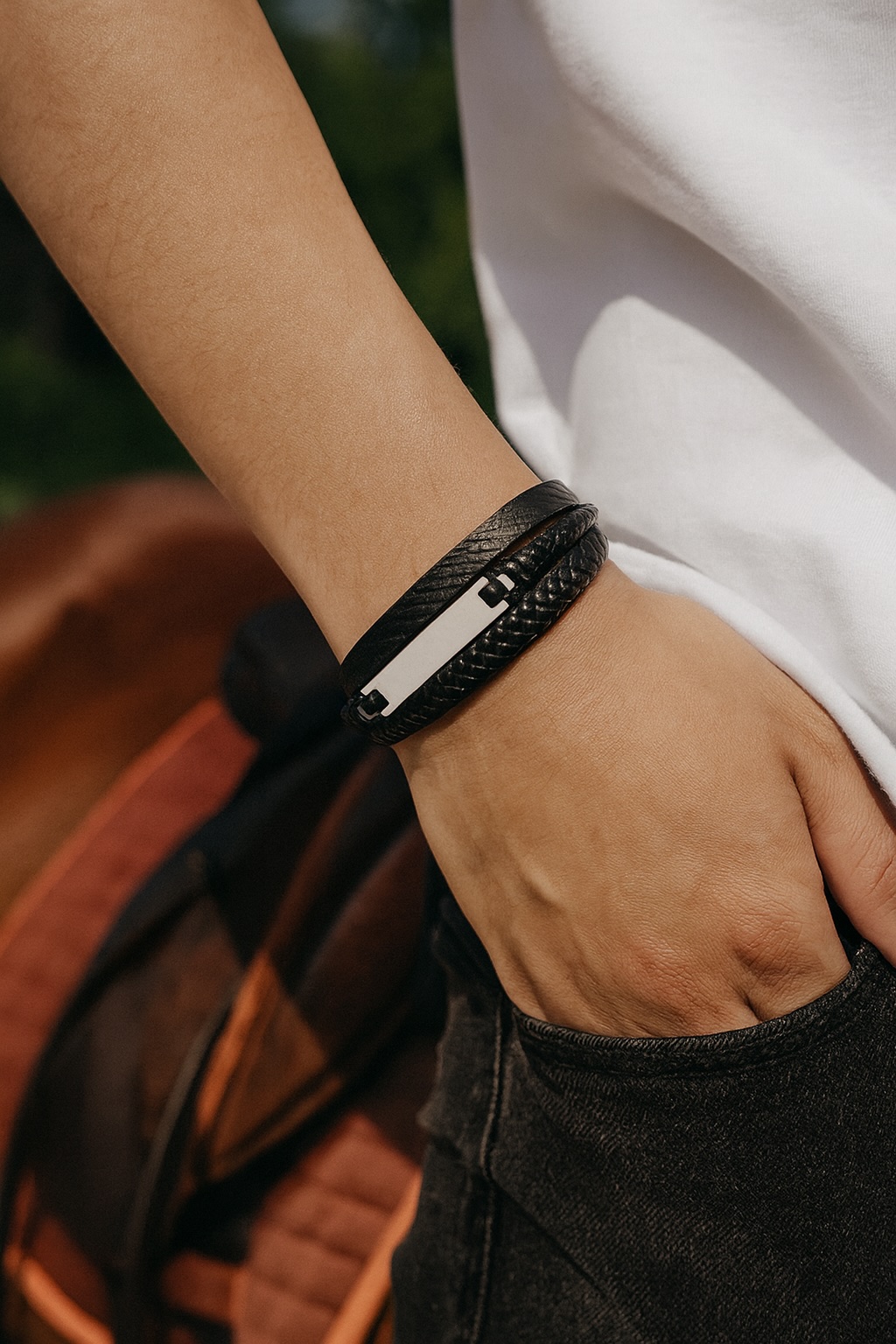 personalized men's braided leather curb bracelet
