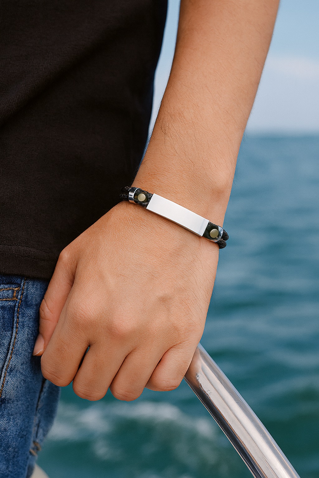 engraved braided leather curb bracelet for men