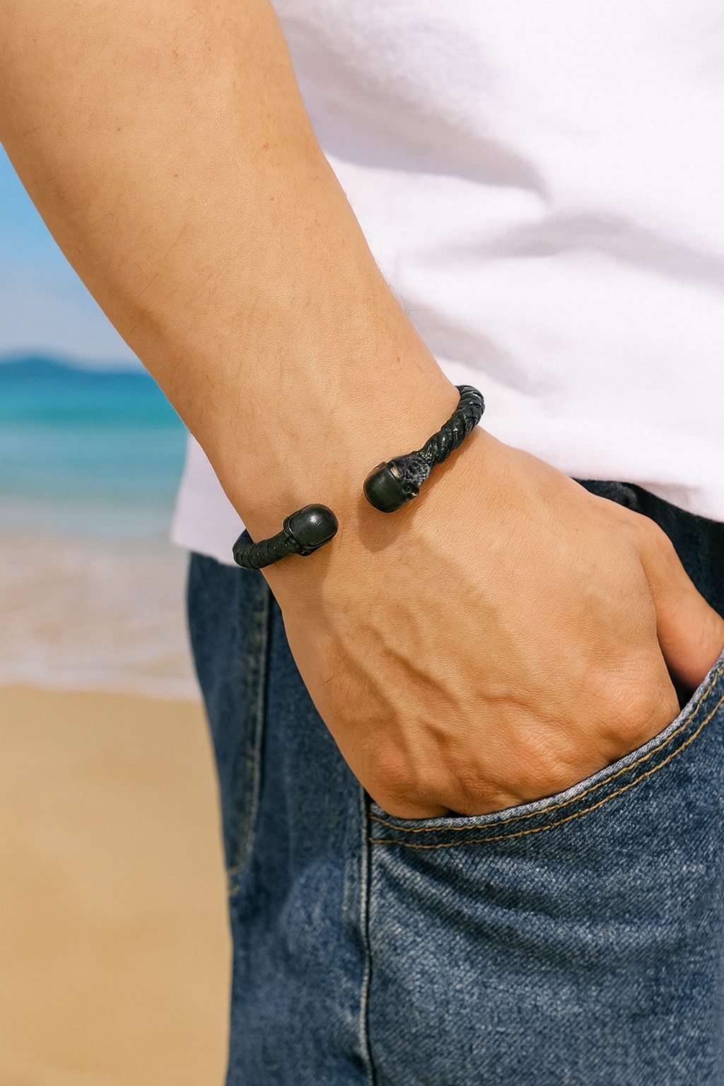 braided leather skull bracelet