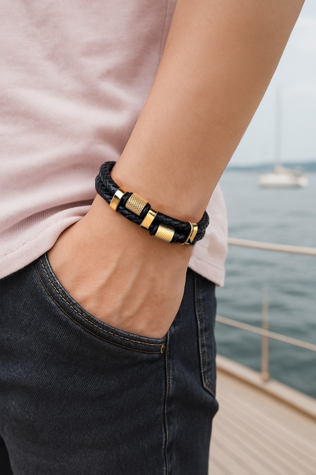 Men's black braided leather bracelet double cords magnetic clasp