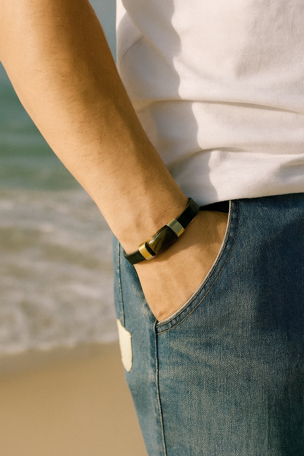 Men’s black leather bracelet with natural tiger eye stone plate