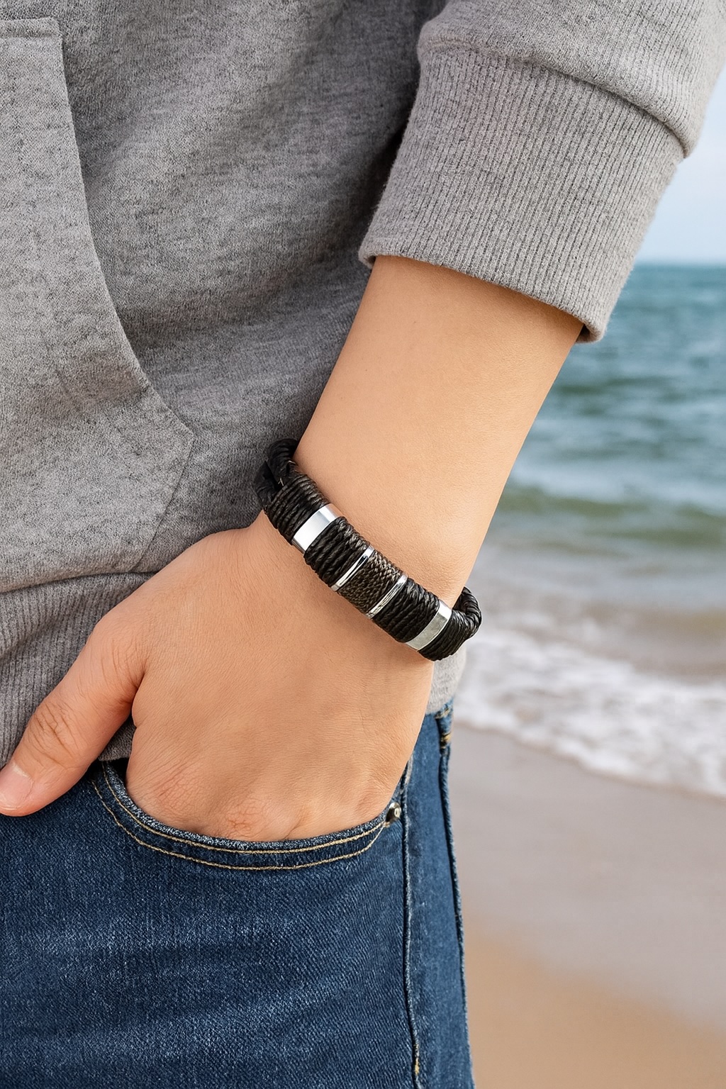 Men’s double-cord braided leather bracelet with stainless steel magnetic clasp