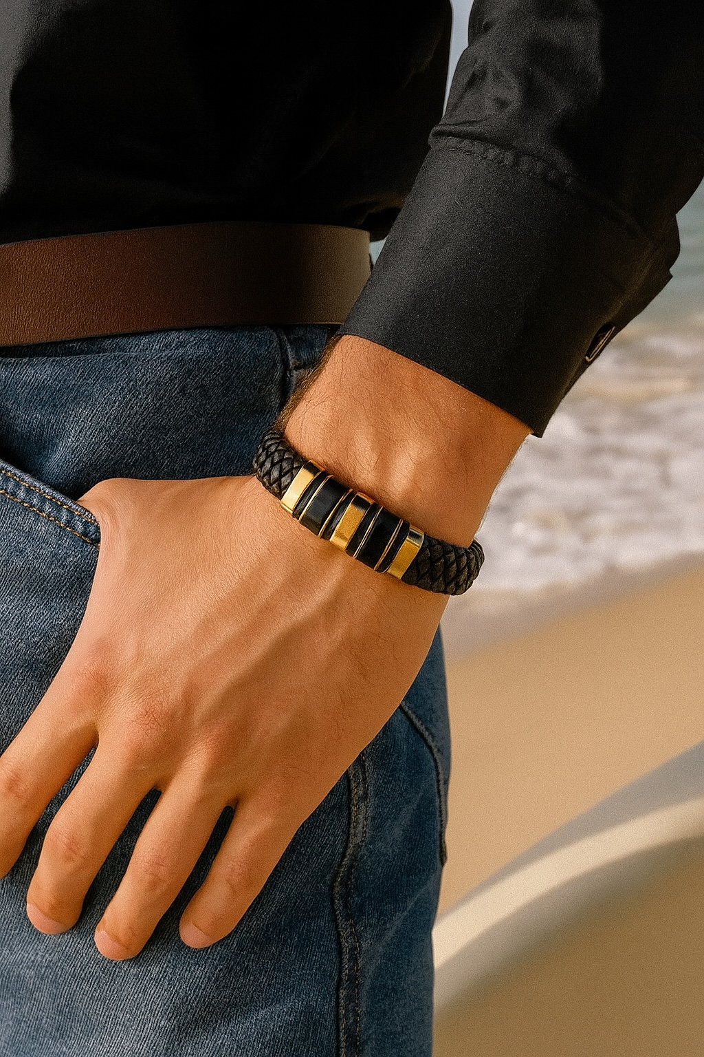 Men’s leather bracelet with steel rings and magnetic clasp