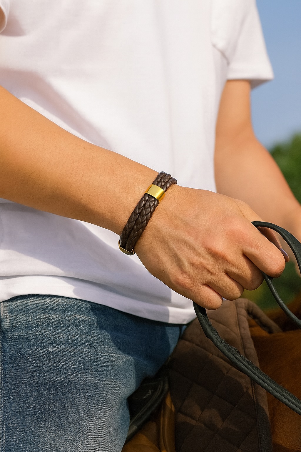 Pulsera de hombre triple cordón de cuero negro trenzado con cierre de acero inoxidable