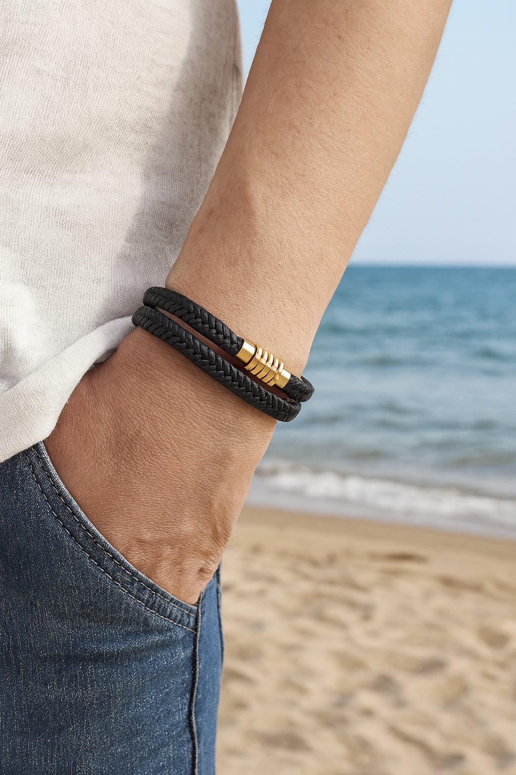 men’s double-wrap braided leather bracelet