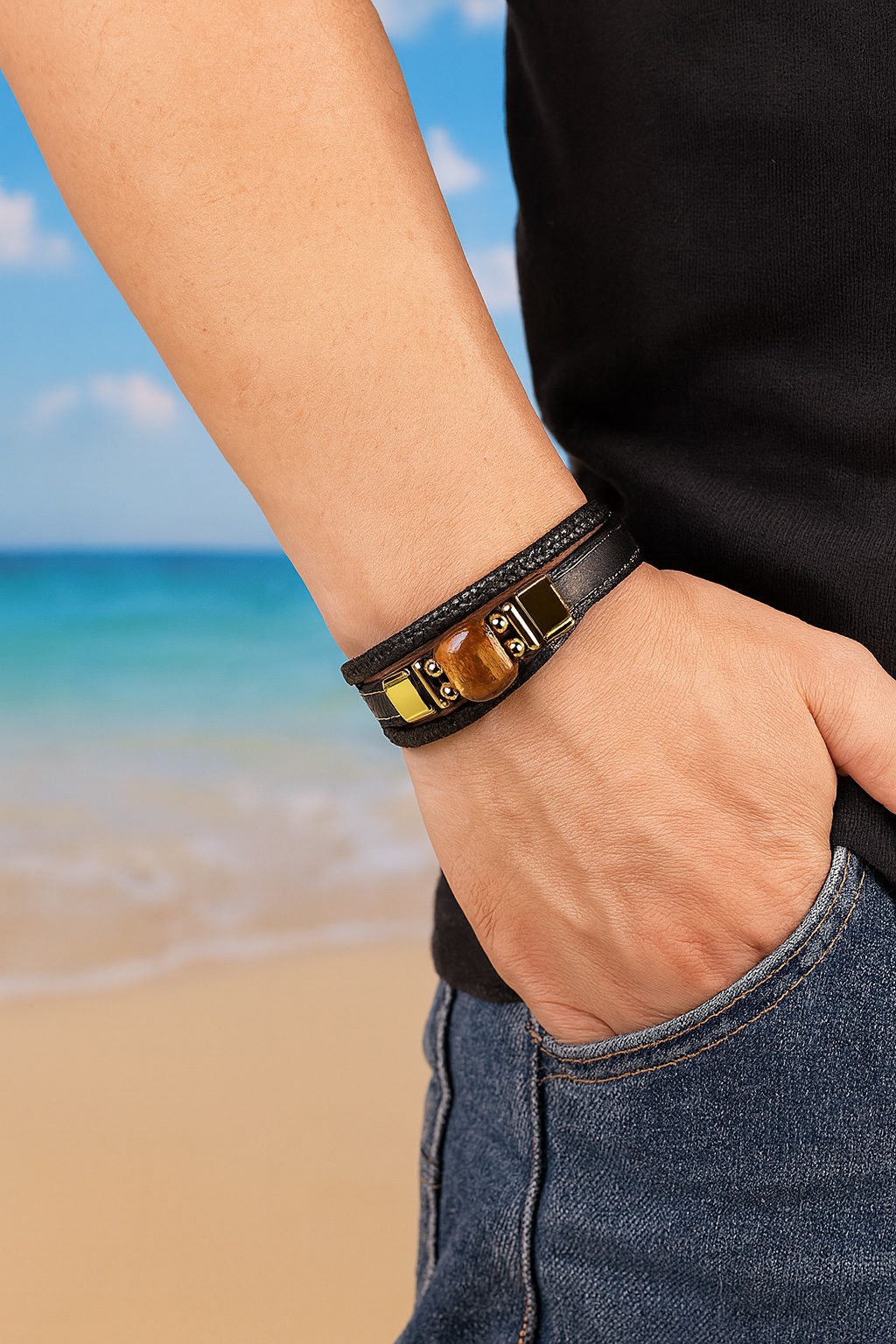 Men’s black leather bracelet with cords and tiger eye stone