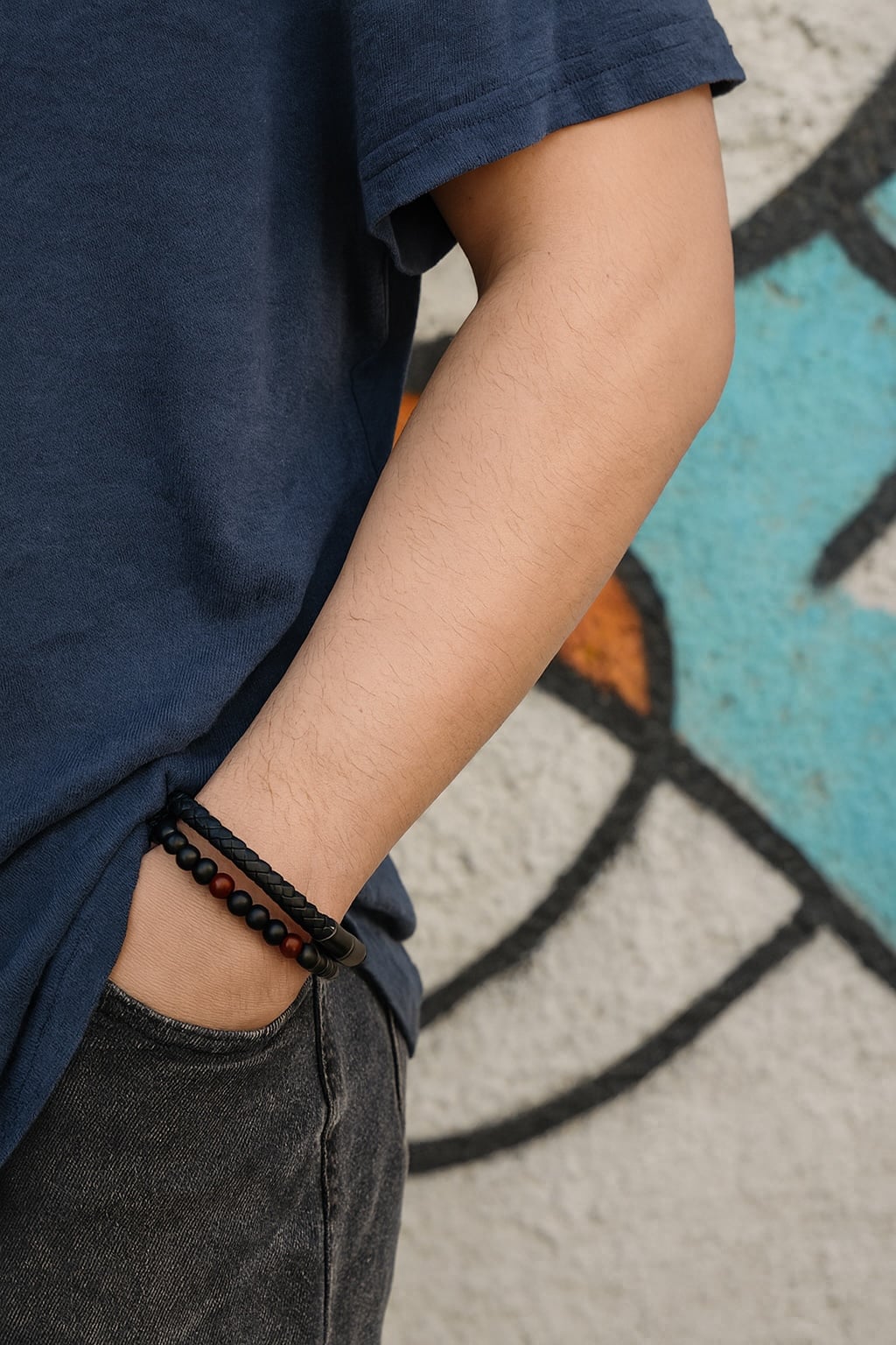 Men's braided leather bracelet with opal beads and steel clasp