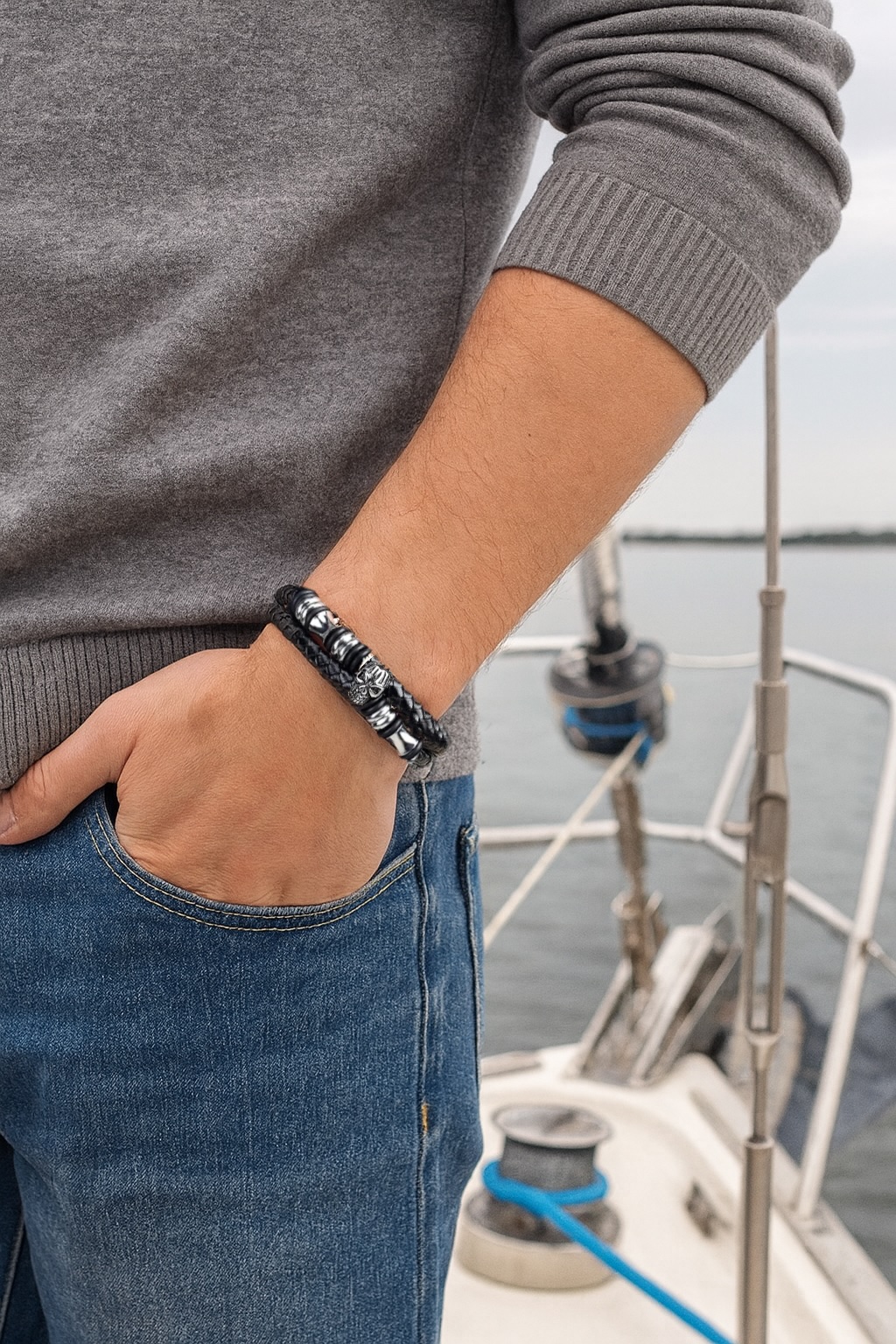 Men’s black braided leather bracelet with stainless steel skull bead double cord