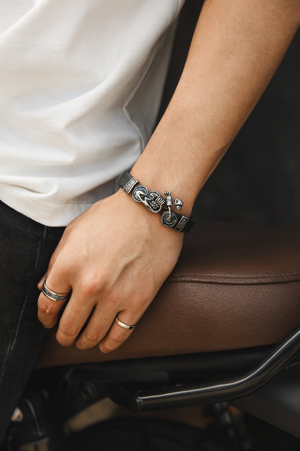 Black leather biker skull bracelet with stainless steel clasp