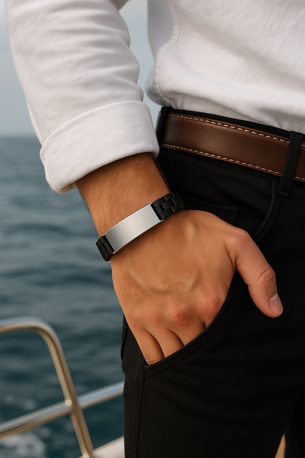 personalisiertes Herrenarmband aus Gummi und Stahl