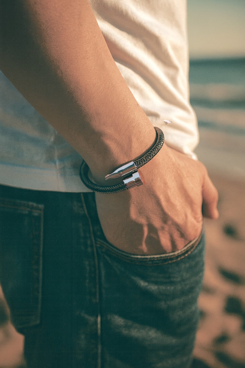 Men's braided leather bracelet nail design steel clasp