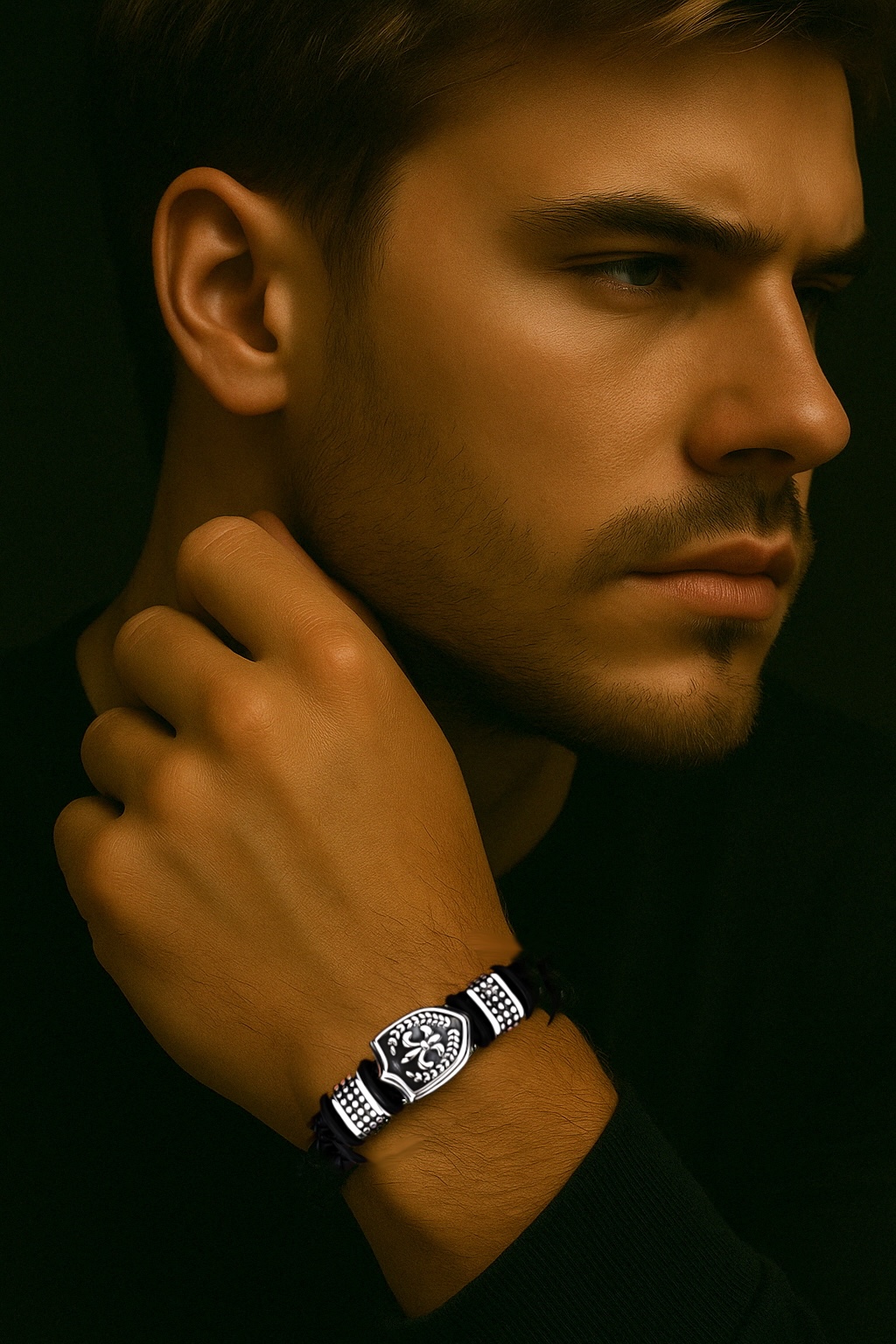 bracelet cuir tressé fleur de lys homme