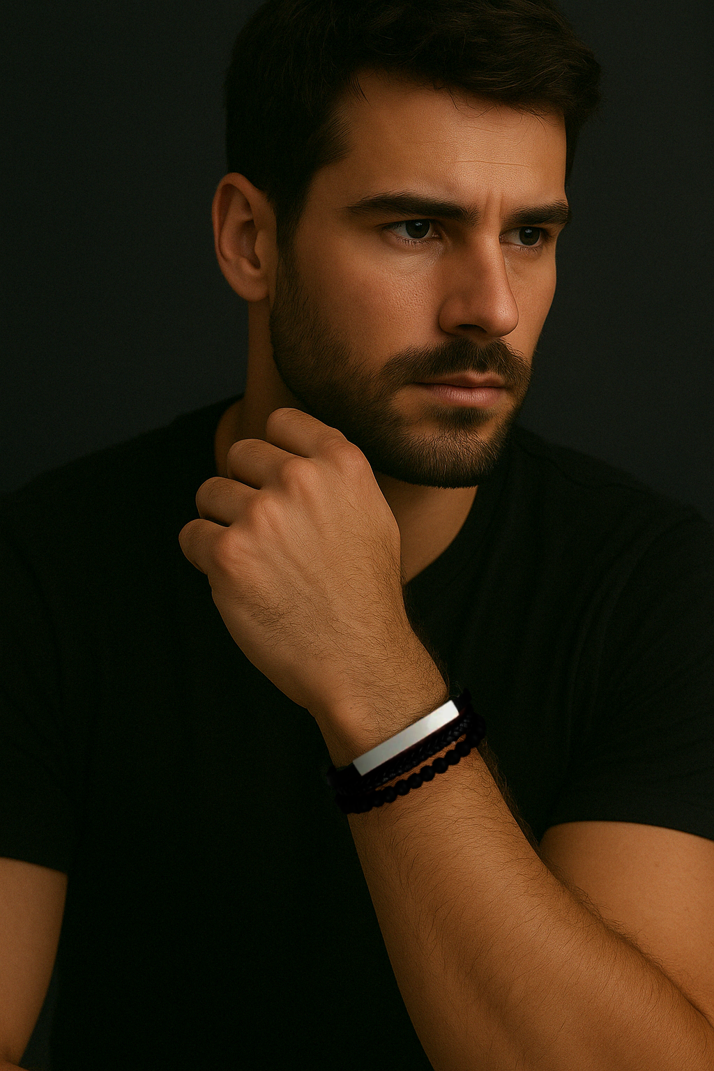bracelet homme cuir onyx gourmette acier personnalisable