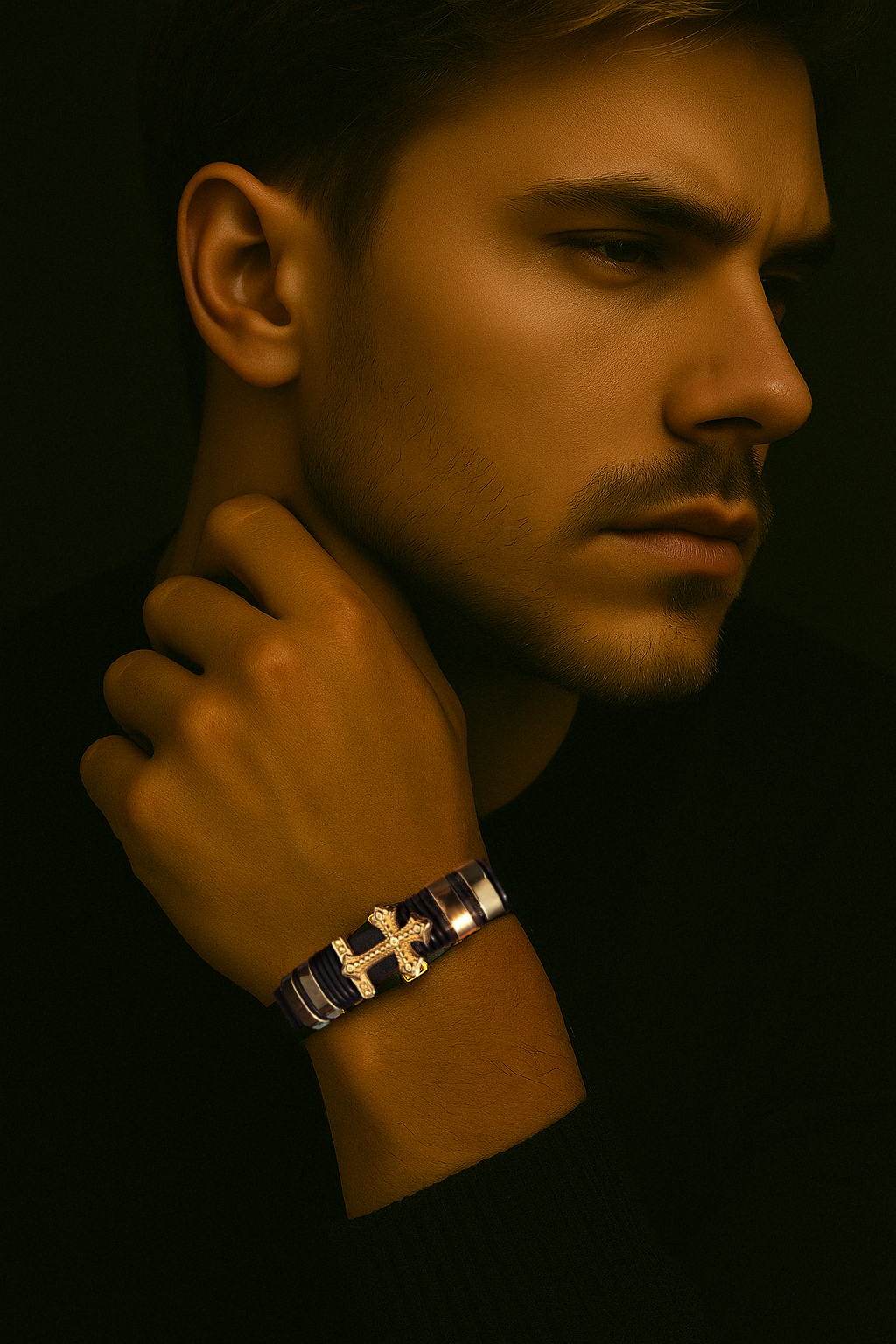 bracelet homme cuir tressé noir avec croix