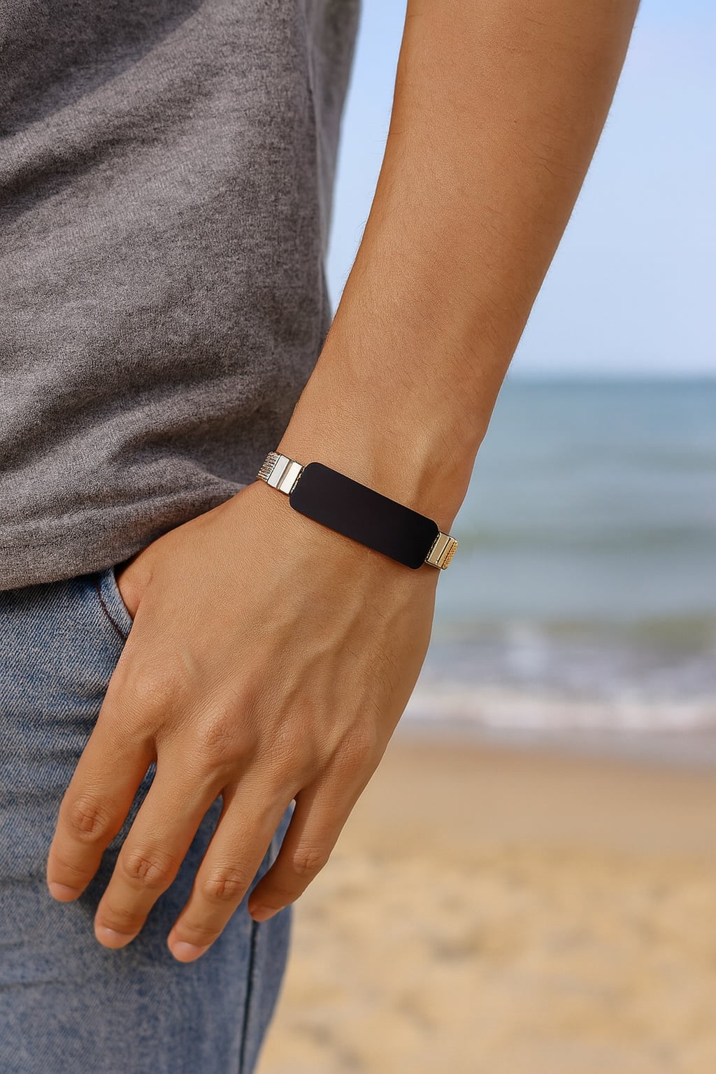 Personalized rubber and stainless steel curb bracelet for men