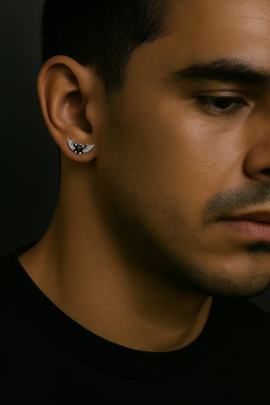 men’s stainless steel angel wing zircon earrings